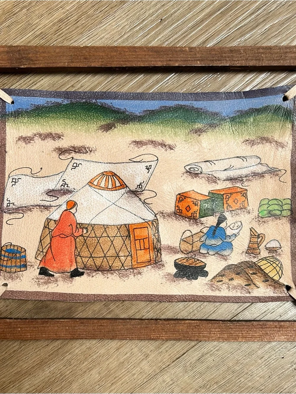 Vintage Mongolian Hand Painted Leather Folk Art Rustic Wood Frame Nomadic Scene